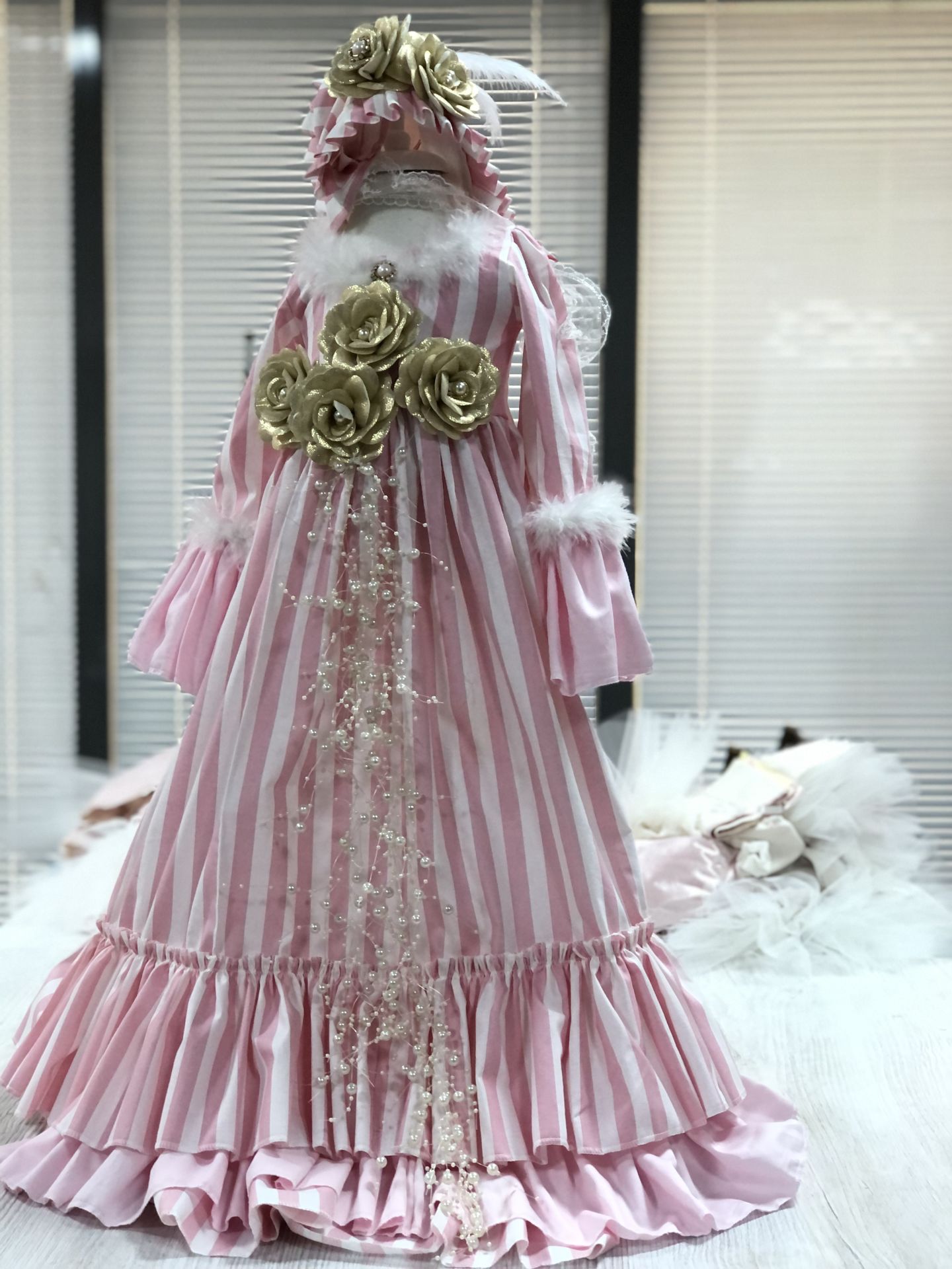 Pink Gold Pearl Baby Gown And Bonnet