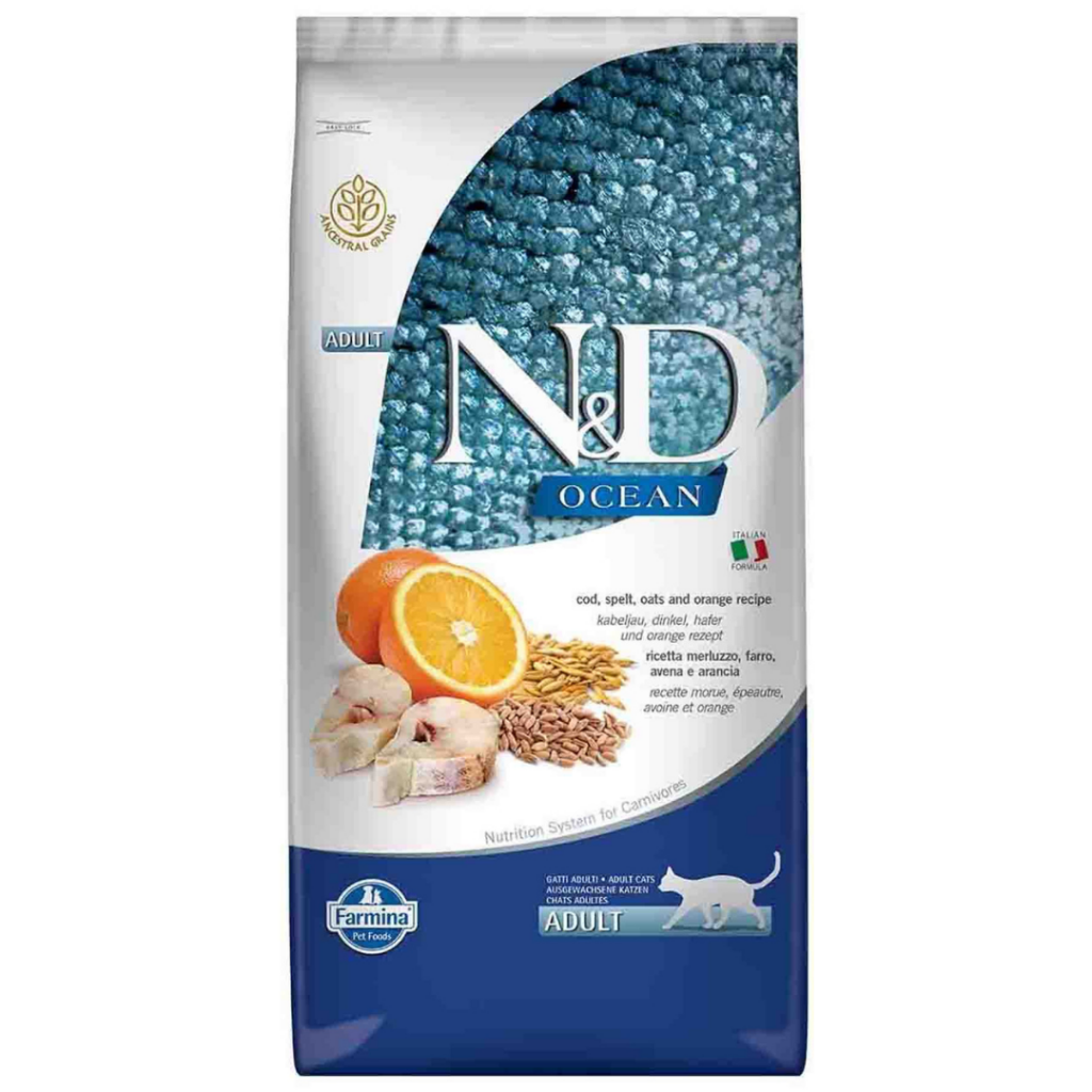 N&D Ocean Düşük Tahıllı Morina Balıklı ve Portakallı Yetişkin Kedi Maması 10 Kg