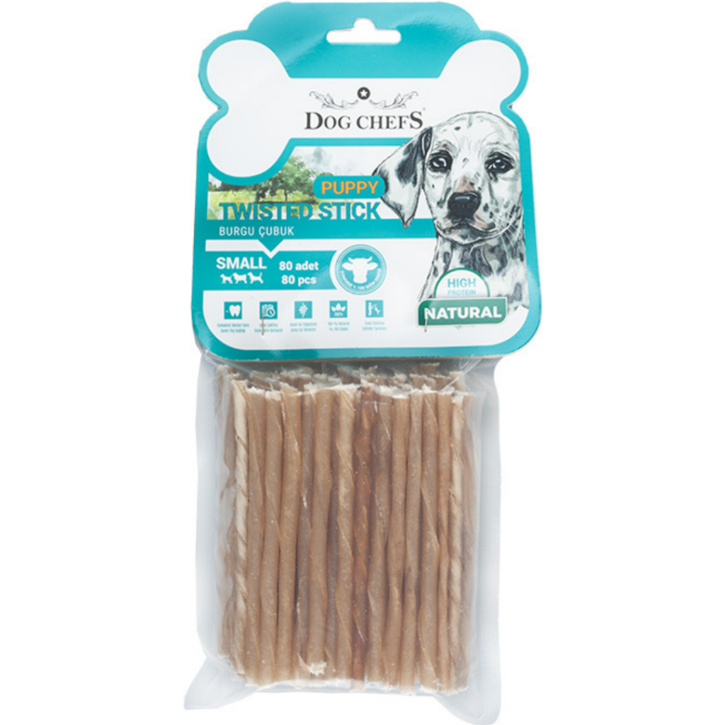 Dog Chefs Puppy Twisted Stick Natural İnce Burgu Çubuk Kemik Köpek Ödülü Small 80 Li Paket