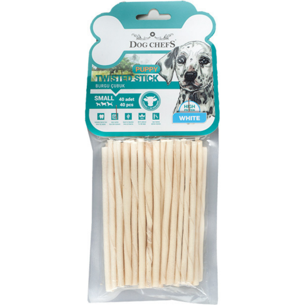 Dog Chefs Puppy Twisted Stick Beyaz İnce Burgu Çubuk Kemik Köpek Ödülü Small 40 Lı Paket