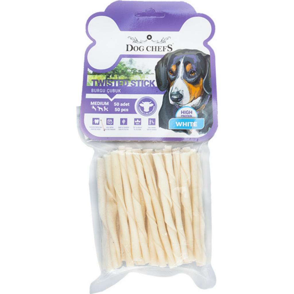 Dog Chefs Twisted Stick Beyaz İnce Burgu Çubuk Kemik Köpek Ödülü Medium 50 Li Paket