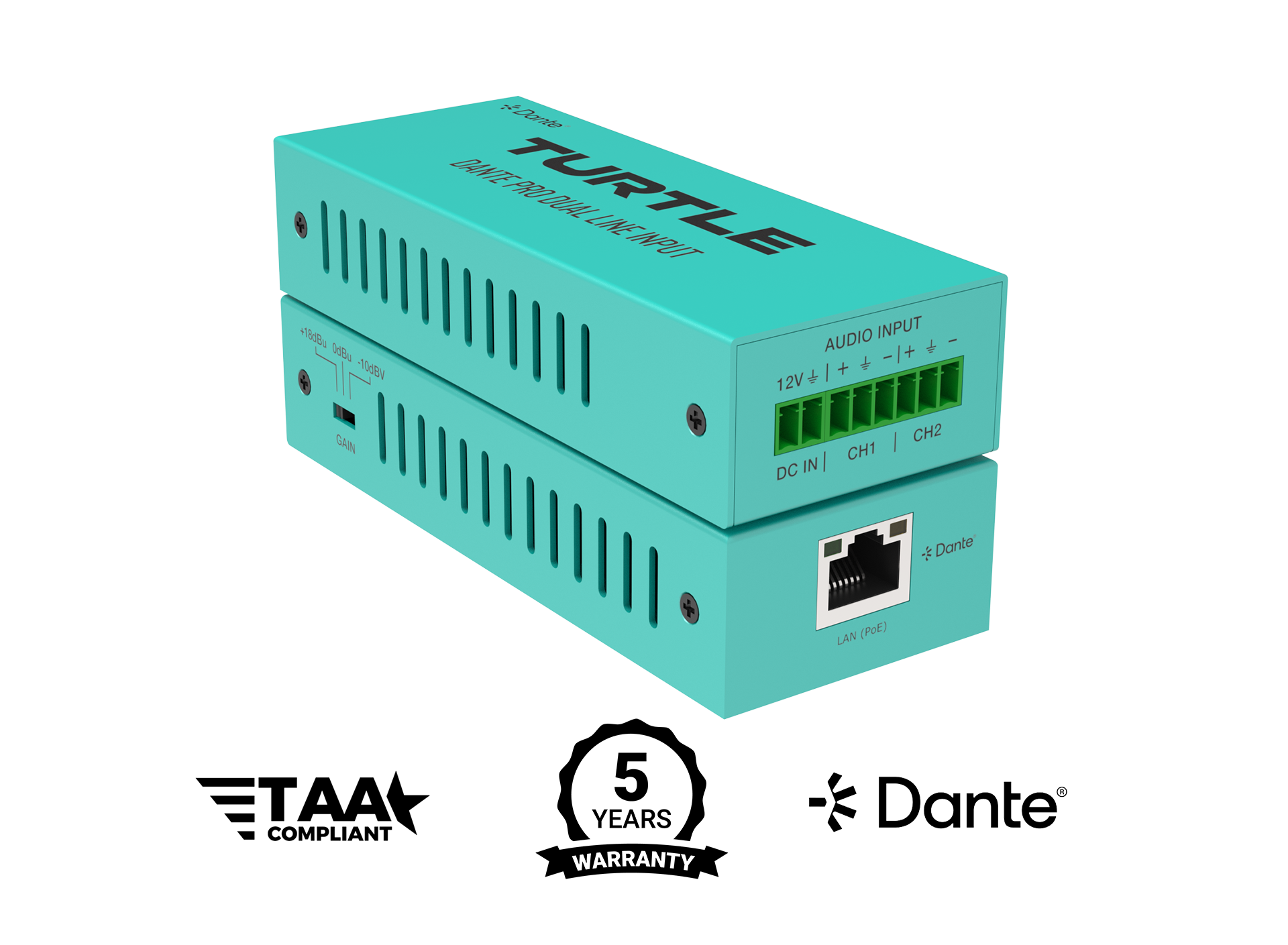 Turtle TAV-D2LEN-PRO Dante Pro Dual Channel Analog Line Input Adapter with Gain Controls