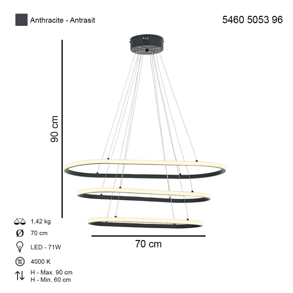 Lund 60lık Oval Ledli Avize Antrasit