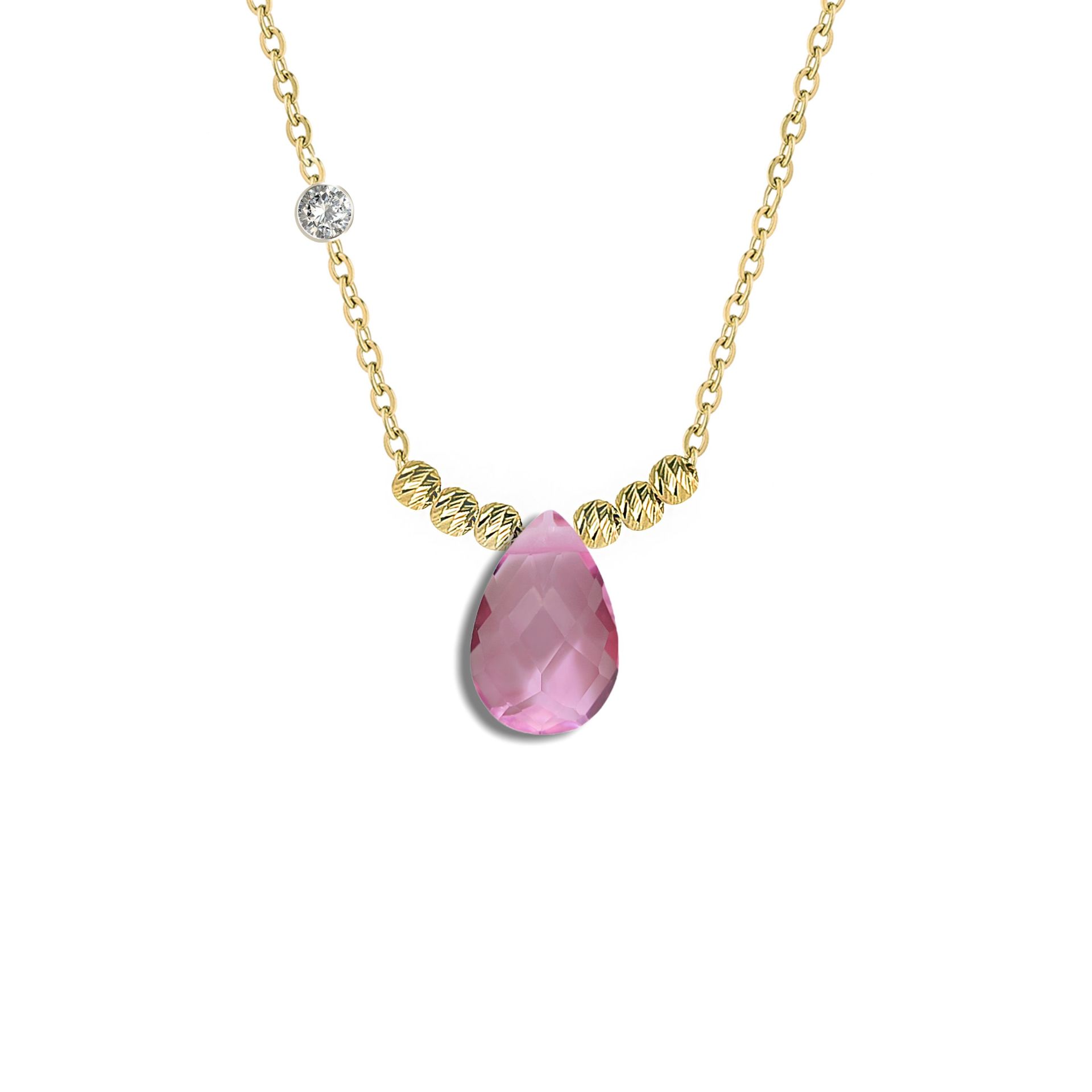 Pirlanta 14 Ayar Altin Dorikalı Pink Safir Renkli Damla Taşlı Kolye