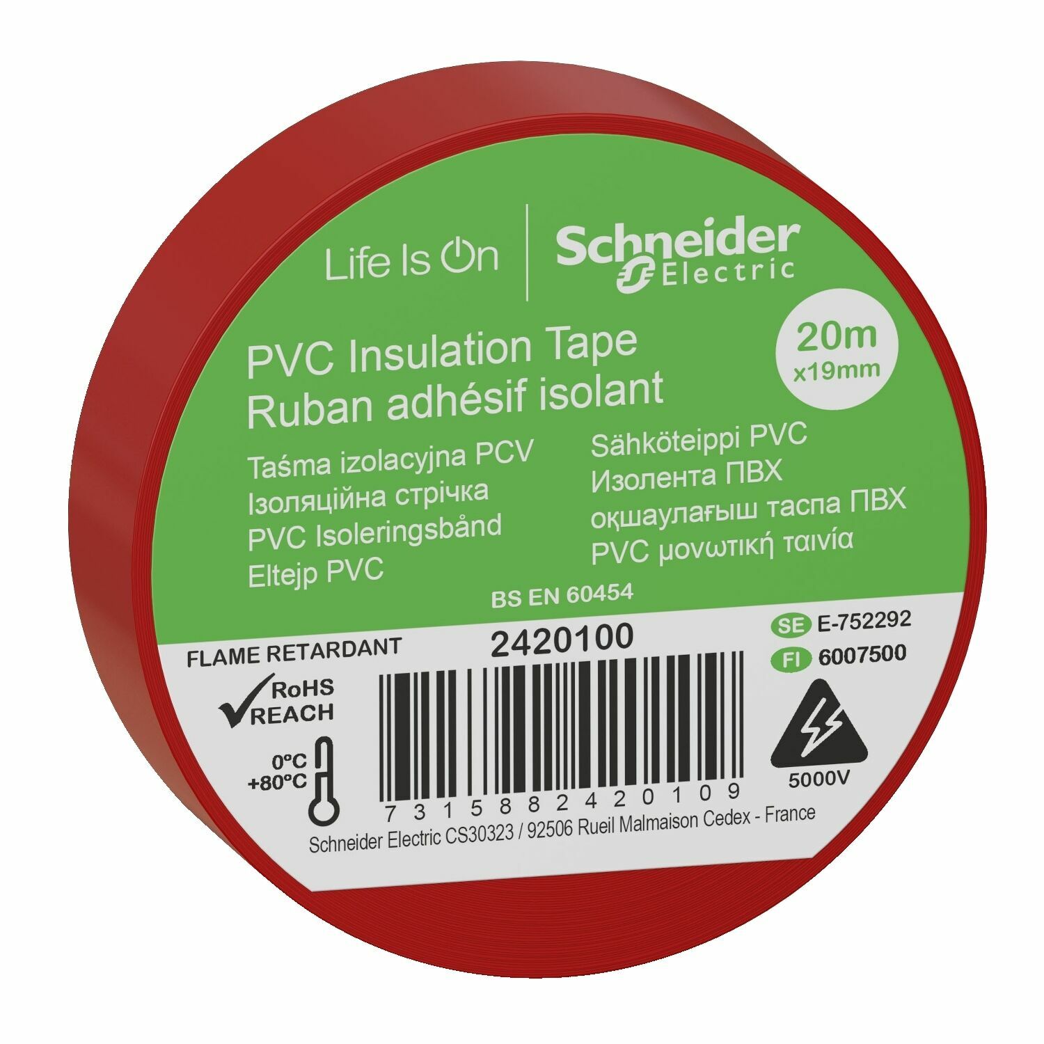 Schneider Kırmızı PVC İzole Bant 20mt*19mm 2420100