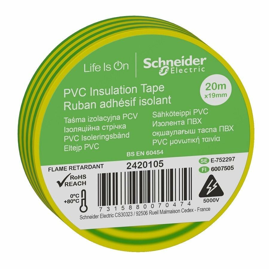 Schneider Sarı-Yeşil PVC İzole Bant 20mt*19mm 2420105