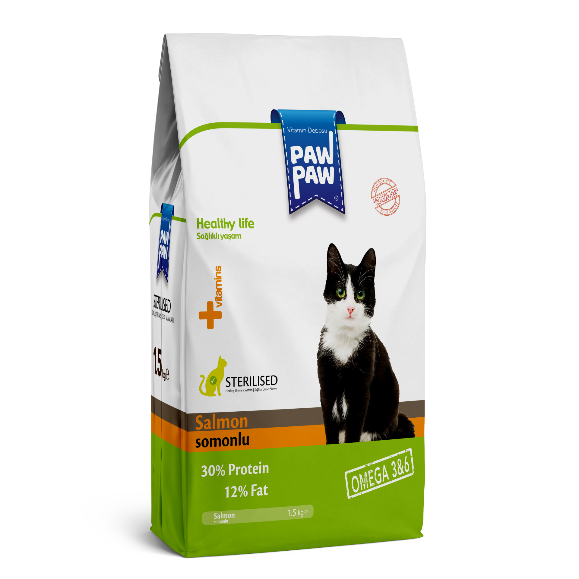 Paw Paw Yetişkin Kedi Maması (Kısır) Steril Somonlu 1,5 KG 8'Li