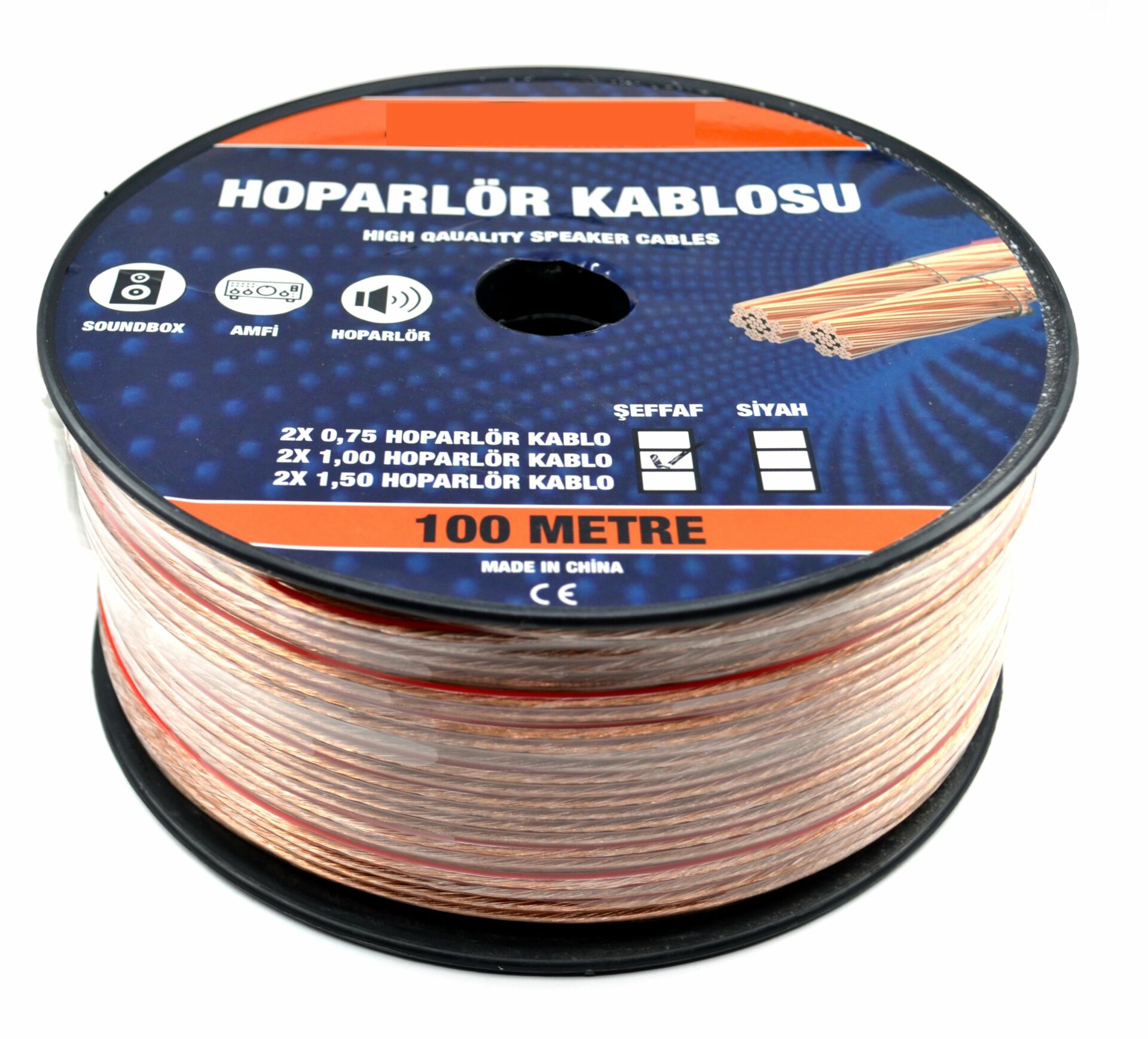 100 Metre 2X1,00mm² CCA Bitişik Hoparlör Kablosu Şeffaf