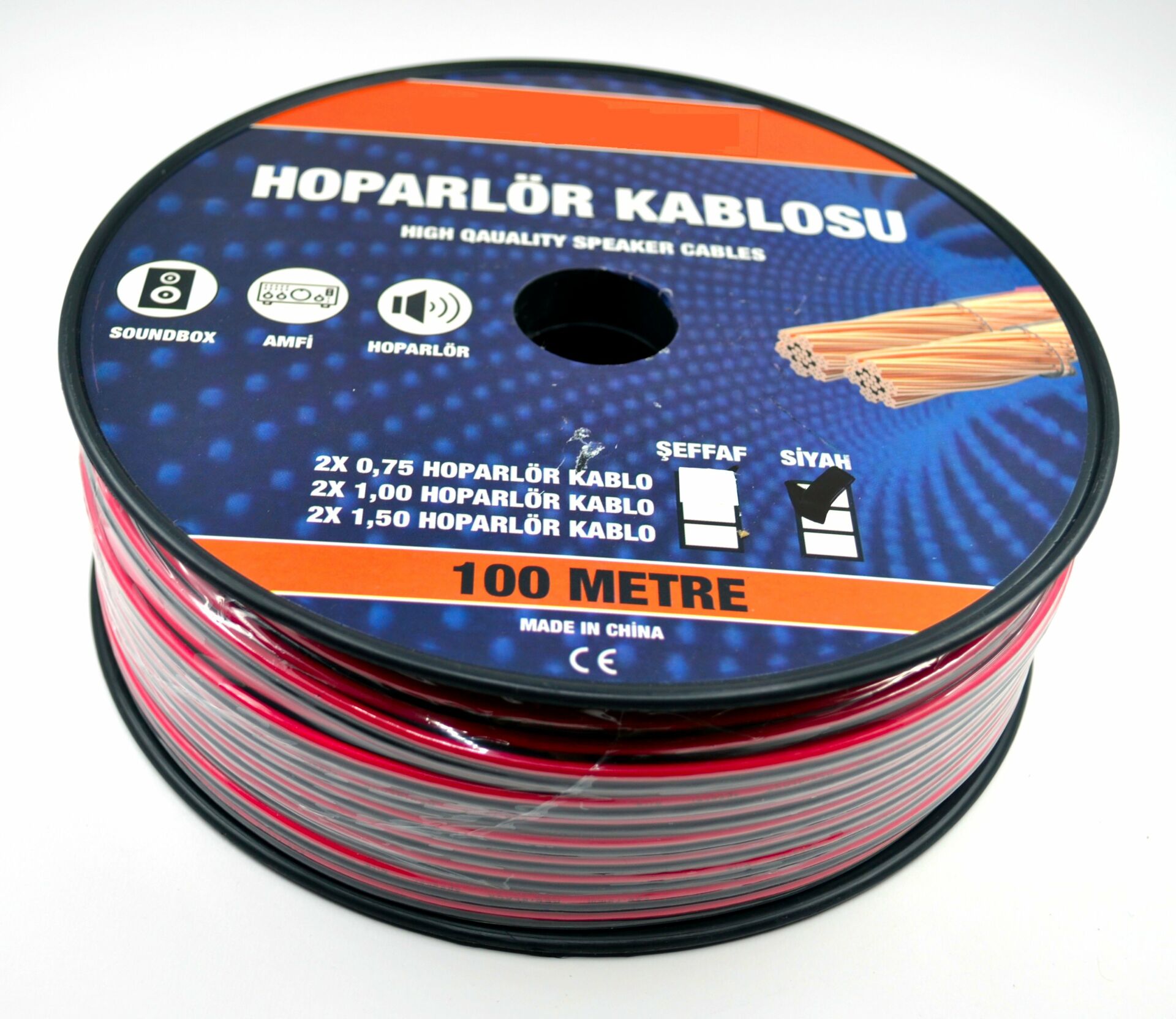 100 Metre 2X0,75mm² CCA Bitişik Hoparlör Kablosu Kırmızı Siyah