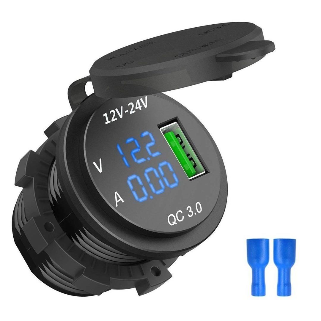 12V 24V DC USB QC3.0 Şarj Port Voltmetreli Ampermetreli Yuvarlak MT-UP03