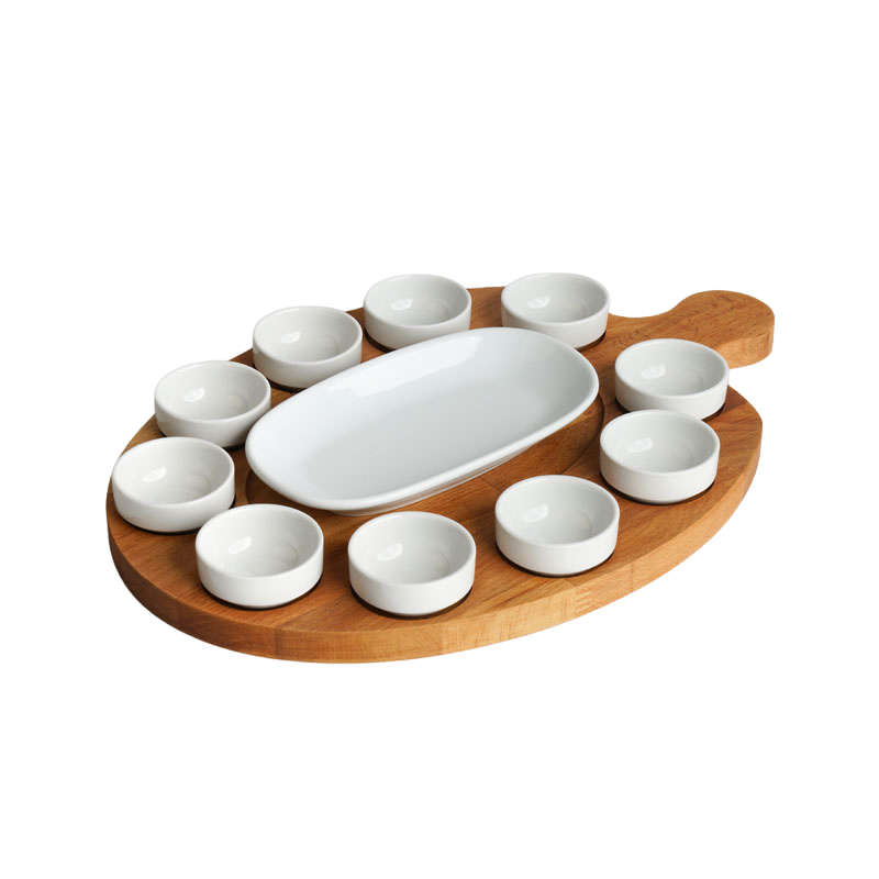 Ahşap Doğal Gürgen Ağacı Kahvaltı Sunum Tabağı – 10\'lu Sosluklu & Oval Tabaklı Tasarım