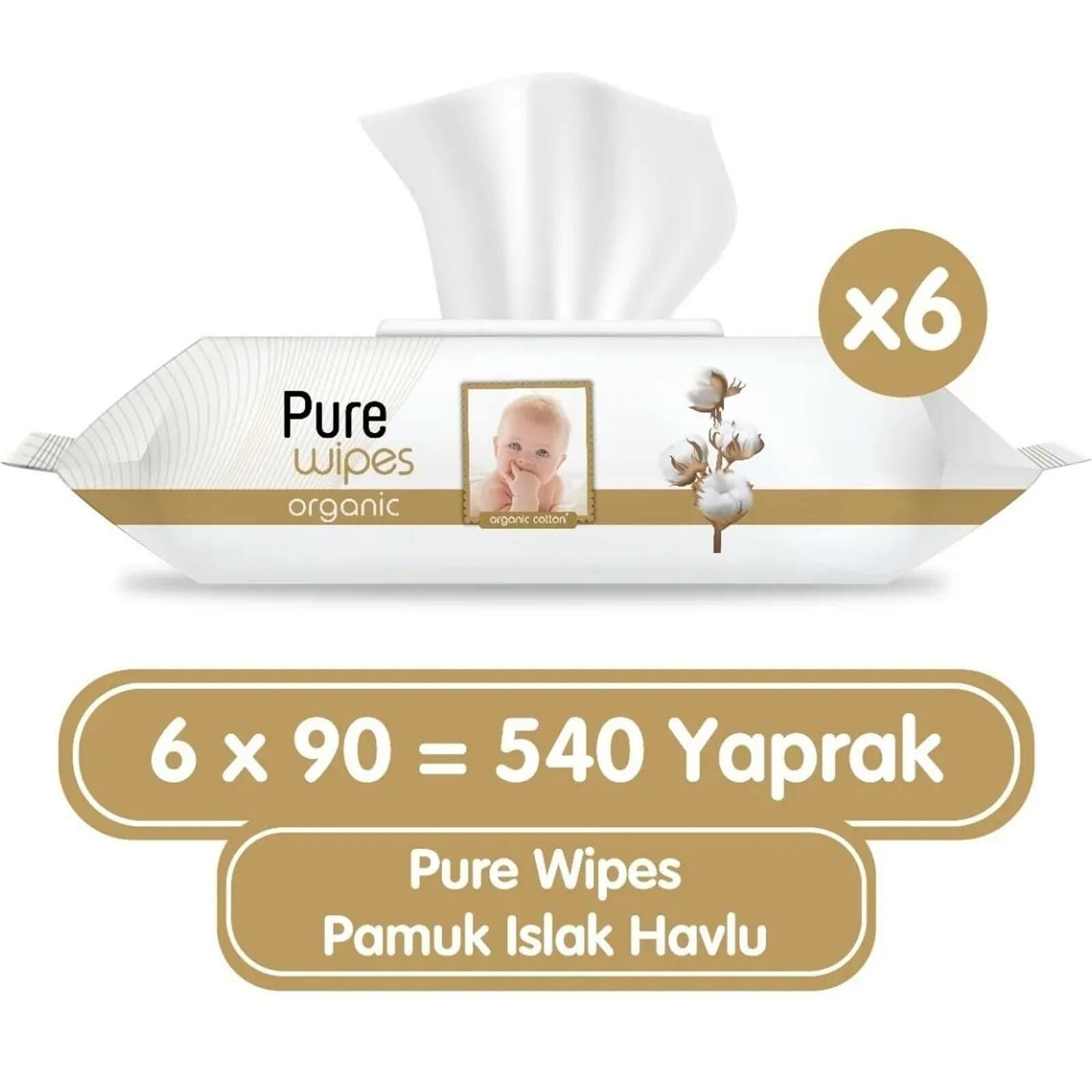 Pure Baby Organik Pamuklu 90 Yaprak 6 lı Paket Islak Havlu