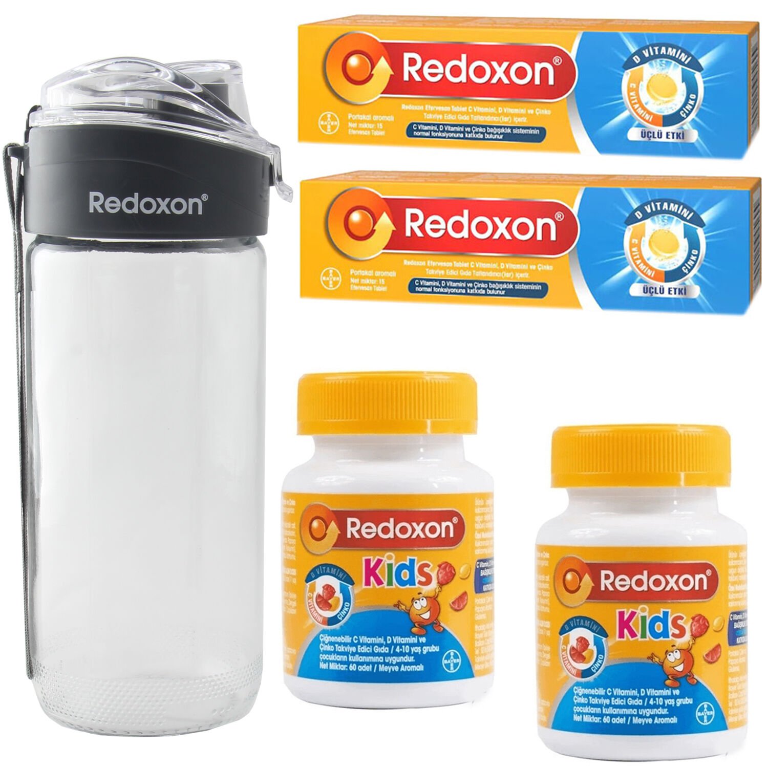 Redoxon Üçlü Etki 15 Efervesan Tablet 2 ADET + Redoxon Kids 60 Adet 2 ADET + Cam Matara HEDİYE