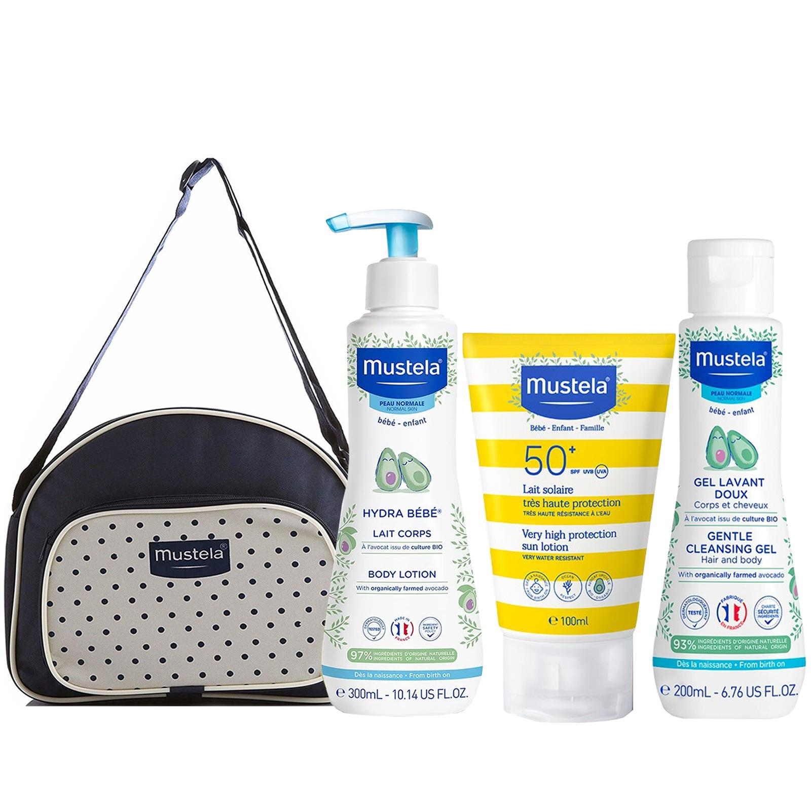 Mustela Çantalı Güneş Bakım Seyahat Seti - Güneş Losyonu 100 ml Vücut Losyonu 300 ml Yenidoğan Şampuan 200 ml