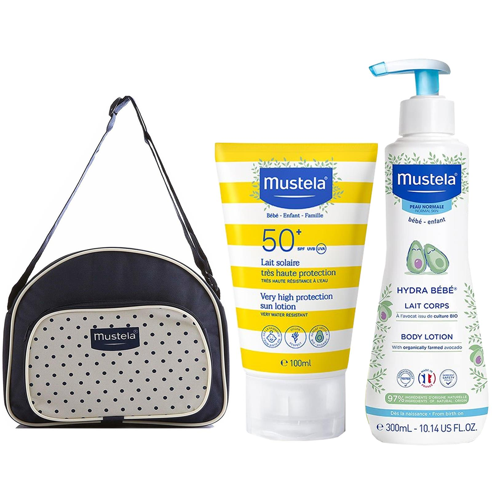 Mustela Çantalı Güneş Bakım Seyahat Seti - Hydra Bebe Vücut Losyonu 300 ml Güneş Losyonu 100 ml