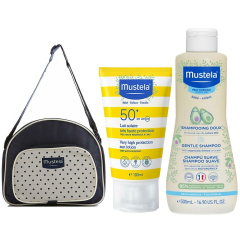 Mustela Çantalı Güneş Bakım Seyahat Seti - Papatya Özlü Bebek Şampuanı 500 ml Güneş Losyonu 100 ml