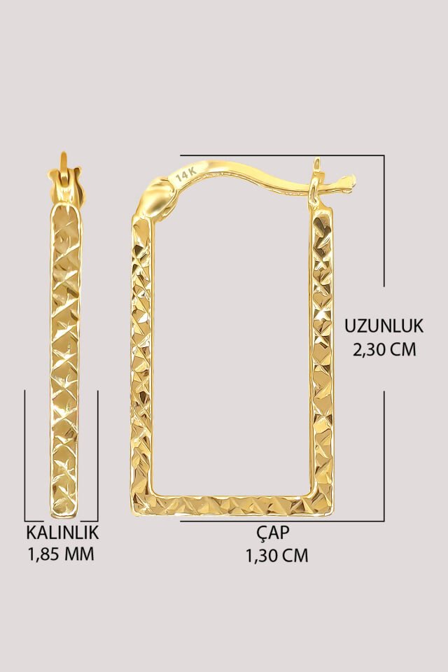 Moom Mücevherat Altın Küpe 14 Ayar Altın Kare Halka Desenli Küpe-2,30 CM