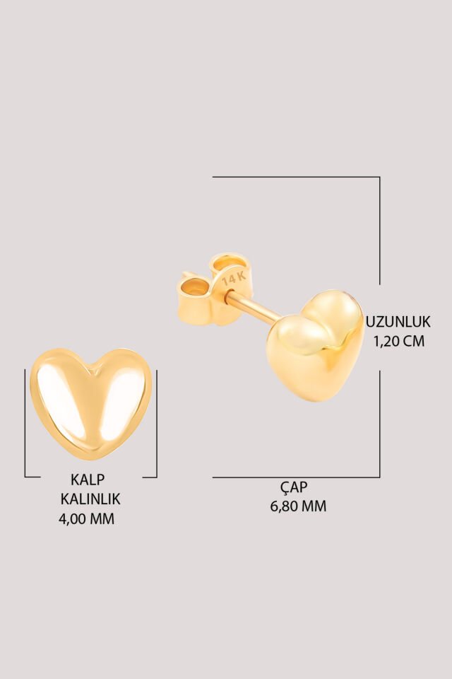 Moom Mücevherat Altın Küpe 14 Ayar Altın Pimli Kalp Küpe-6,80 MM