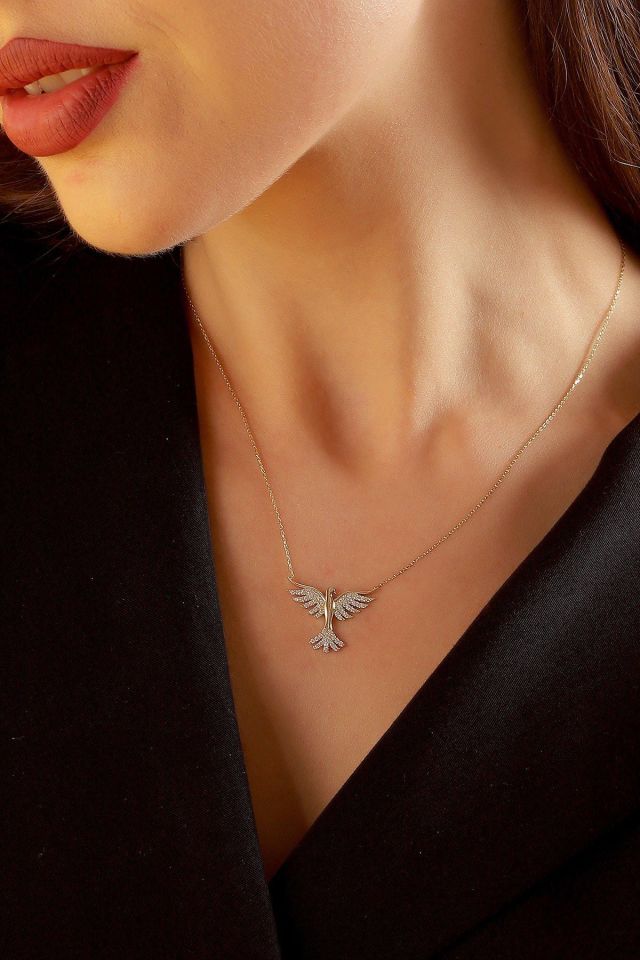 Moom Mücevherat Kadın 14 Ayar Altın Fantezi Taşlı Zümrüdü Anka Kuşu Kolye