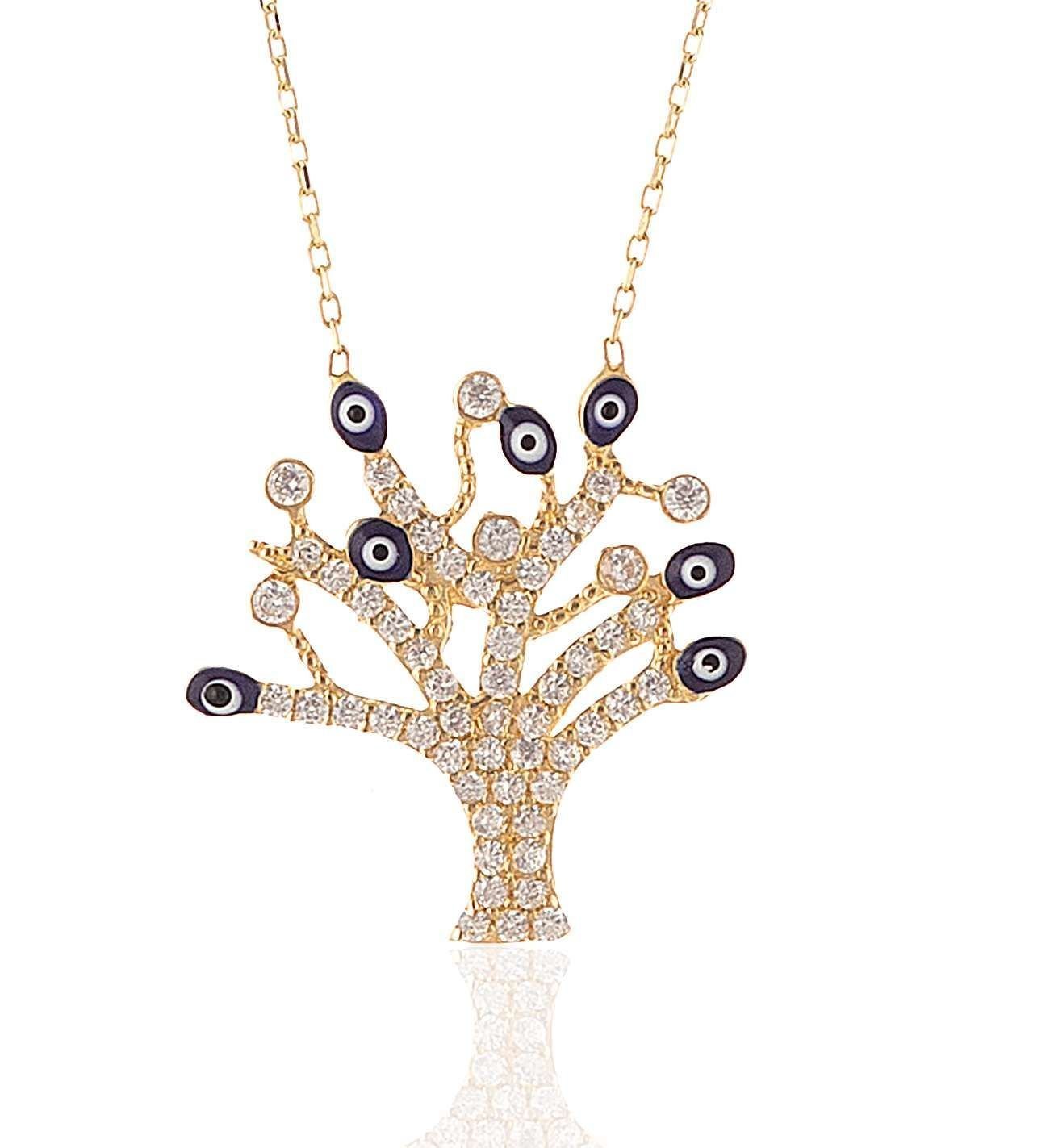 Moom Mücevherat Kadın Göz Boncuklu Hayat Ağacı Kolye 14 Ayar Altın