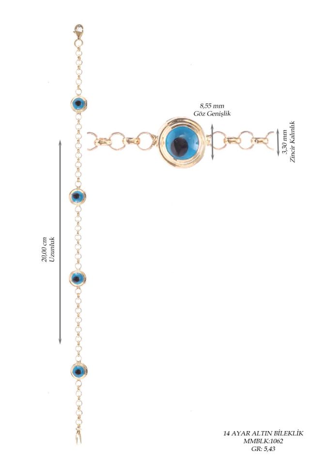 Moom Mücevherat Kadın 14 Ayar Altın Nazar Göz Taşlı Bileklik