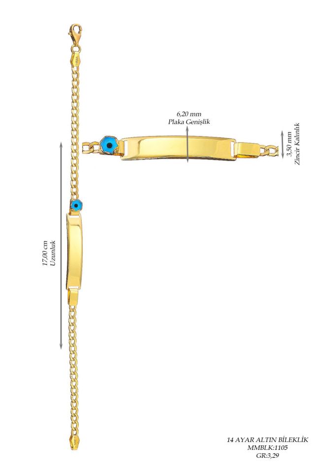 Moom Mücevherat Çocuk 14 Ayar Altın Nazar Göz Taşlı Künye Bileklik