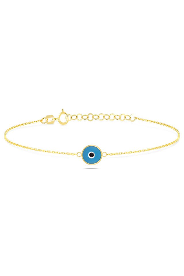 Moom Mücevherat Kadın 14 Ayar Altın Göz Bileklik Renkli Altın Nazar Gözlü Bileklik Uzatmalı 18 cm