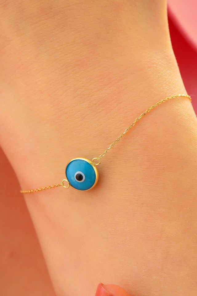 Moom Mücevherat Kadın 14 Ayar Altın Göz Bileklik Renkli Altın Nazar Gözlü Bileklik Uzatmalı 18 cm