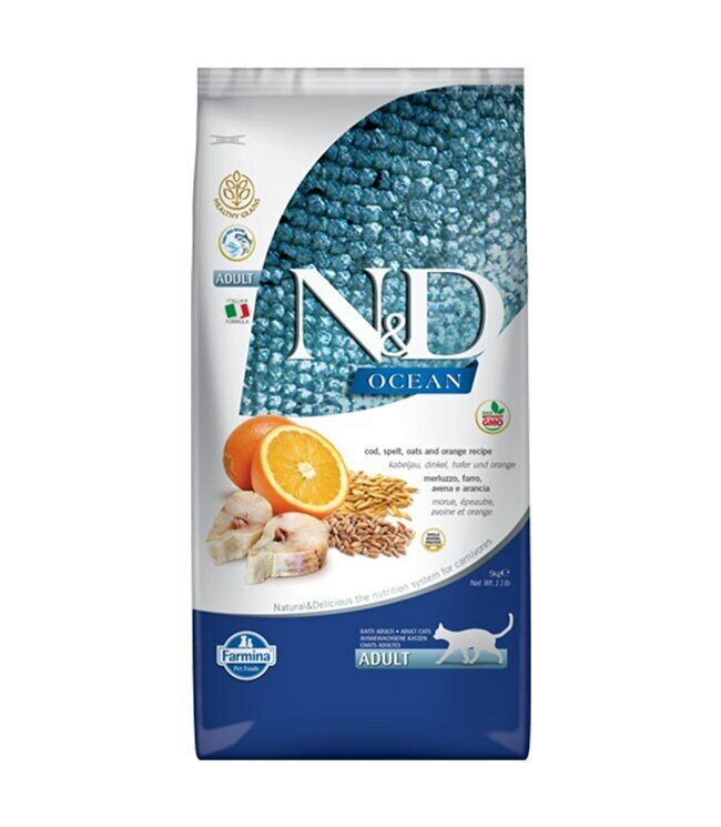 N&D Ocean Morina Balıklı ve Portakallı Düşük Tahıllı Yetişkin Kedi Maması 10 Kg