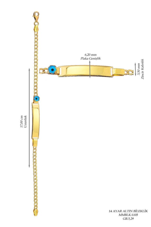 Prenses Pırlanta-Çocuk 14 Ayar Altın Nazar Göz Taşlı Künye Altın Bileklik Modeli