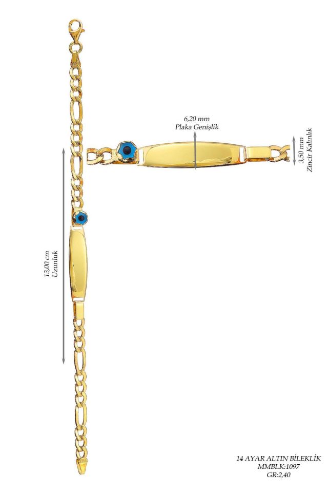 Prenses Pırlanta-Çocuk 14 Ayar Altın Nazar Göz Taşlı Künye Altın Bileklik Modeli