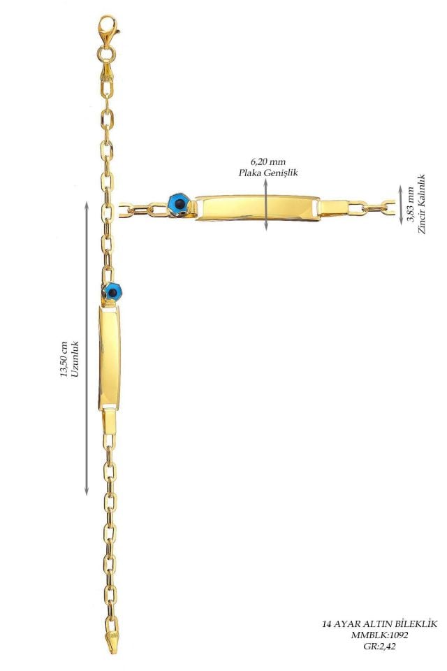 Prenses Pırlanta-Çocuk 14 Ayar Altın Nazar Göz Taşlı Künye Altın Bileklik Modeli