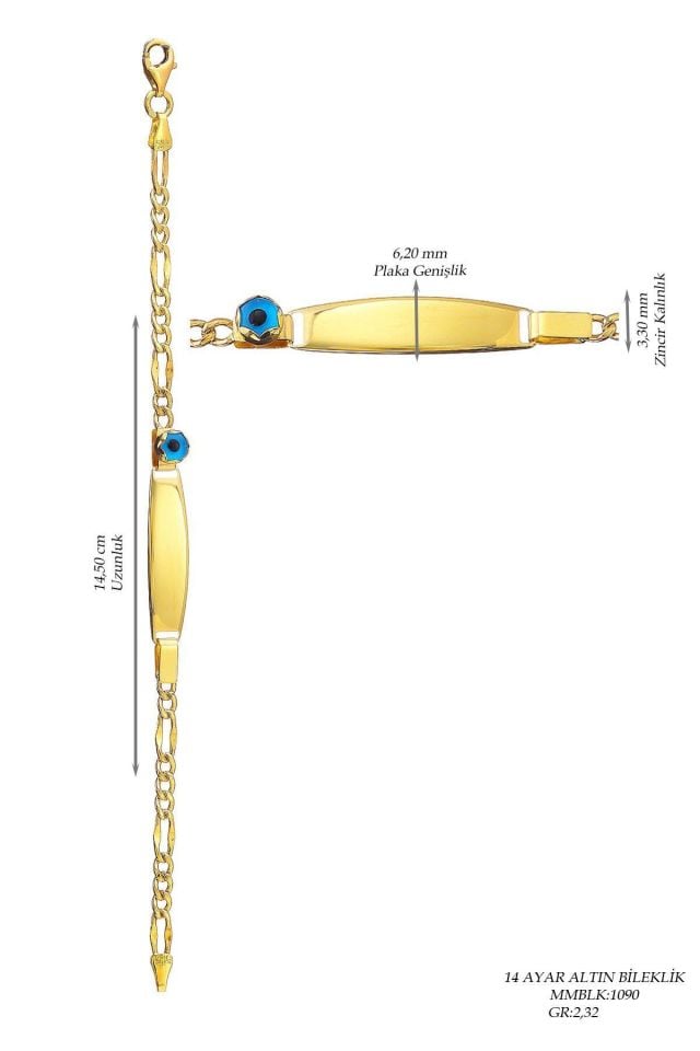Prenses Pırlanta-Çocuk 14 Ayar Altın Nazar Göz Taşlı Künye Altın Bileklik Modeli