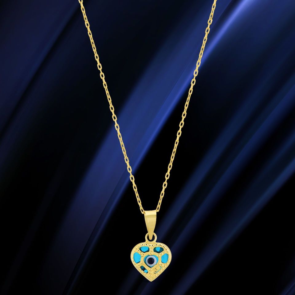 Prenses Pırlanta-14 Ayar Altın Kafesli Nazar Boncuklu Kalp Altın Kolye Modeli ''45 cm''