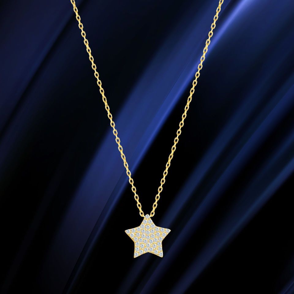 Prenses Pırlanta-14 Ayar Altın Star Taşlı Yıldız Altın Kolye Modeli ''45 cm''