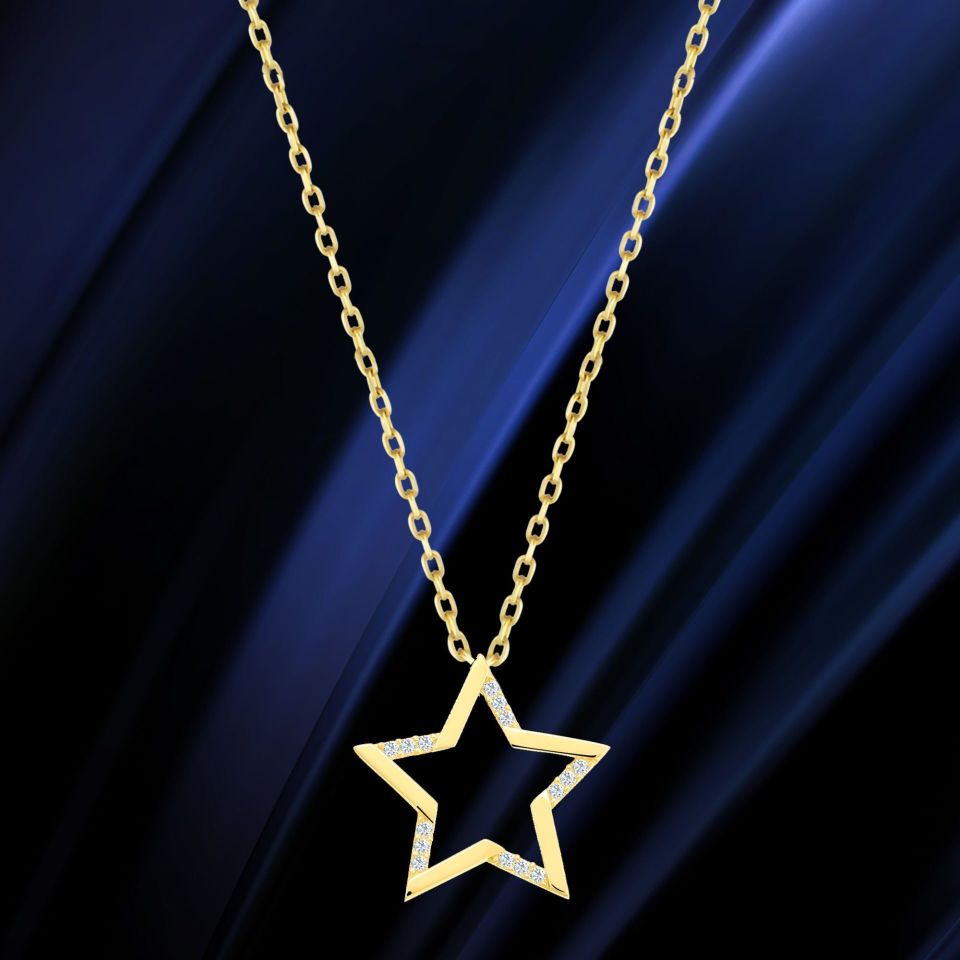 Prenses Pırlanta-14 Ayar Altın Taşlı Star Yıldız Altın Kolye Modeli ''45 cm''