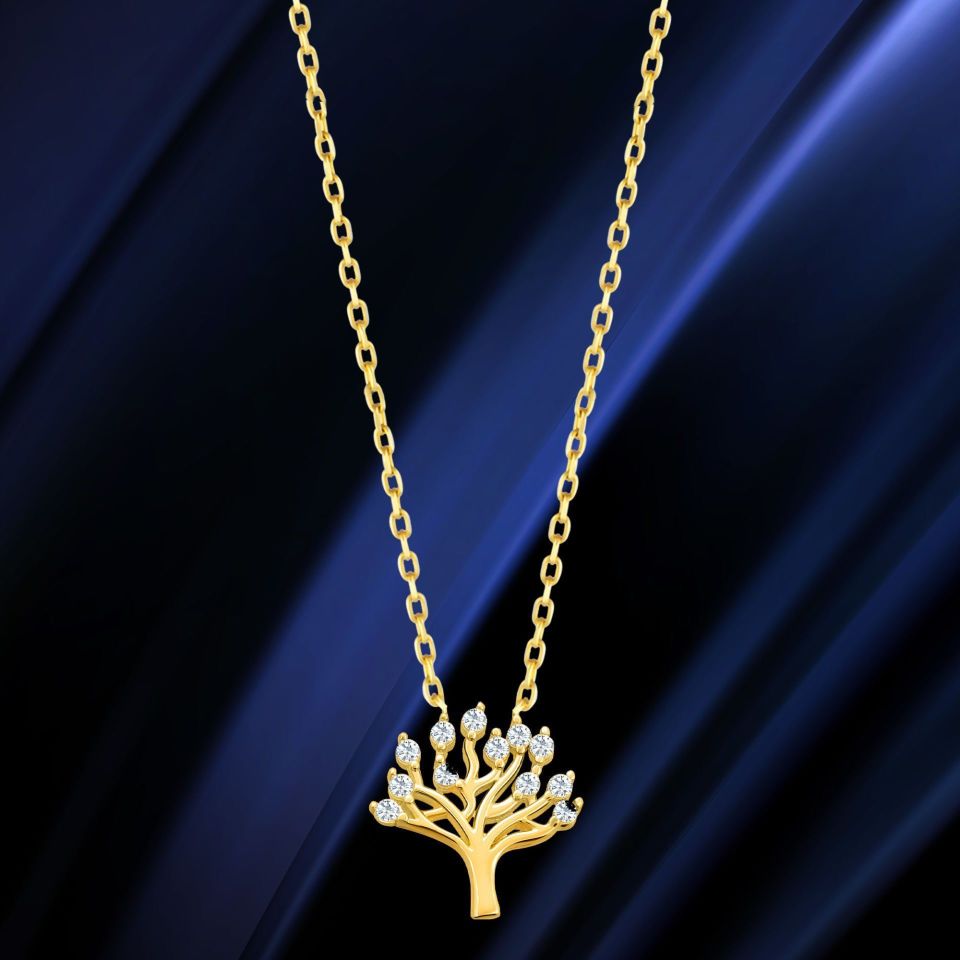 Prenses Pırlanta-14 Ayar Altın Taşlı Hayat Ağacı Altın Kolye Modeli ''45 cm''