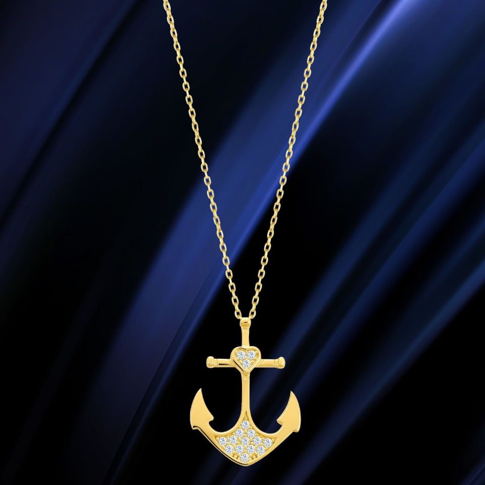 Prenses Pırlanta-14 Ayar Altın Denizcilik, Kaptan Taşlı Çapa Altın Kolye Modeli ''45 cm''
