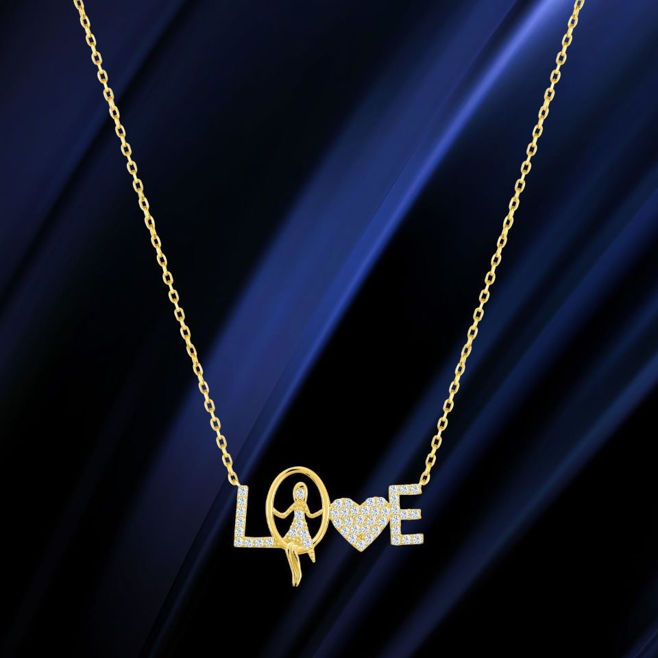 Prenses Pırlanta-14 Ayar Altın Taşlı Aşk Love Altın Kolye Modeli ''45 cm''