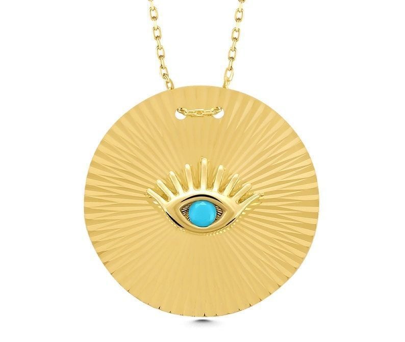 Prenses Pırlanta-14 Ayar Altın Mavi Boncuklu Kristal Kalemli Nazar Göz Altın Kolye Modeli ''45 cm''