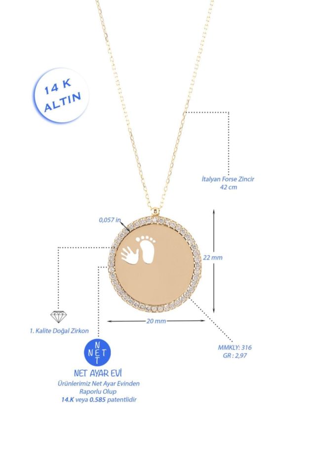 Prenses Pırlanta-El Ayak Plakalı Altın Kolye Modeli 14 Ayar Altın