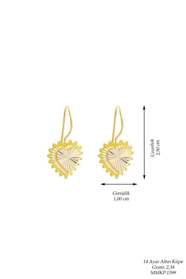 Prenses Pırlanta-Kırmızı Telkari Kalpli-14 Ayar Altın Küpe Modeli 2,30 gr