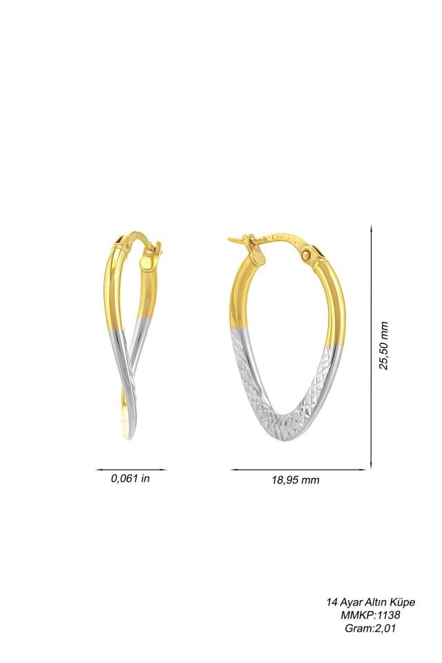 Prenses Pırlanta-2.5 cm 2 Renk Sarı Beyaz italyan Altın Halka Küpe kalemli-14 Ayar Altın Küpe Modeli 2,00 gr