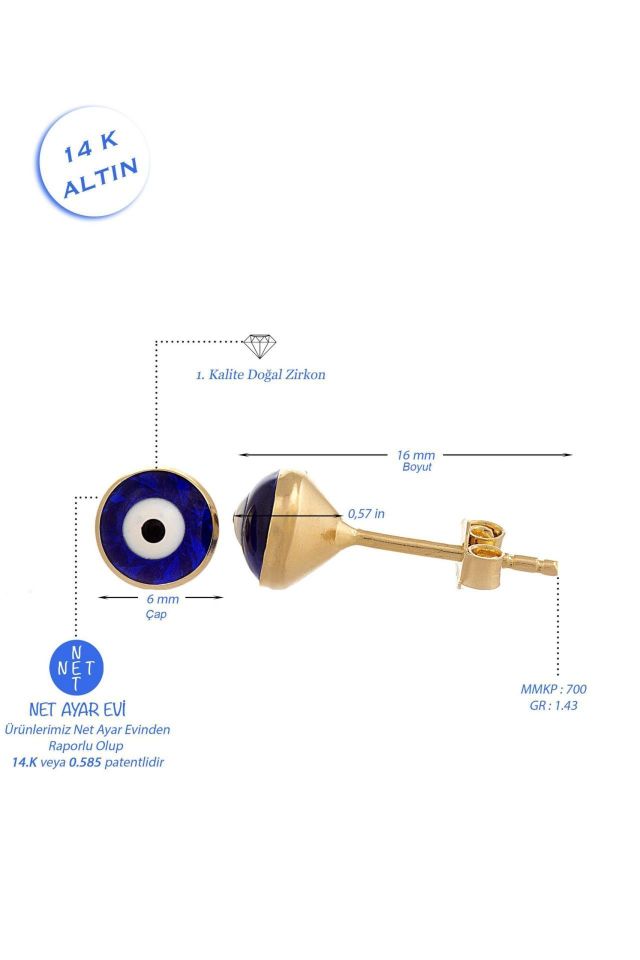 Prenses Pırlanta-Nazar Boncuk Pim Küpe 14 Ayar Altın
