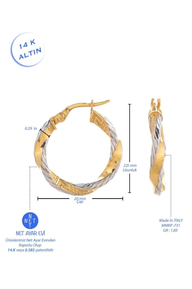 Prenses Pırlanta-İtalyan Grek Desenli Burgulu Halka Küpe 14 Ayar Altın (2 cm)
