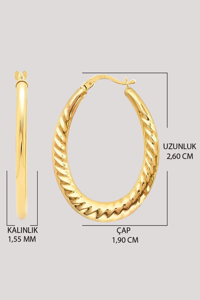 Prenses Pırlanta Altın Küpe 14 Ayar Altın Oval Burgu Desenli Küpe-2,60 CM