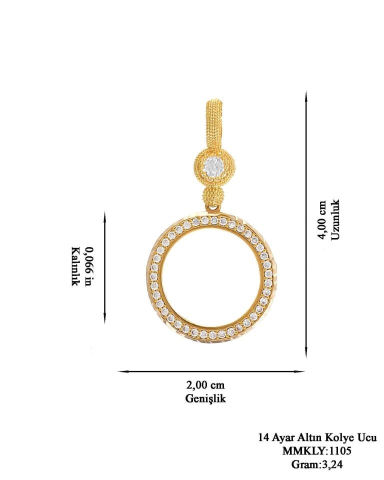Prenses Pırlanta-14 Ayar Altın Taşlı  Yuvarlak Çerçeve Altın Kolye Modeli Ucu