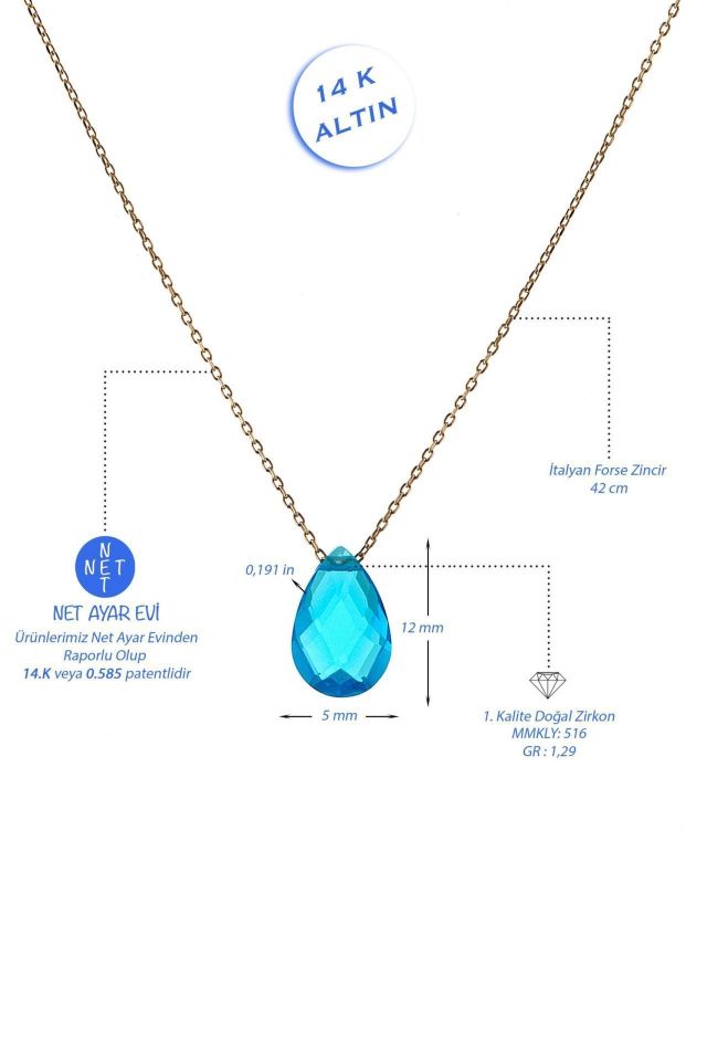 Prenses Pırlanta-Damla Taşlı Mavi Renk Altın Kolye Modeli 14 Ayar Altın