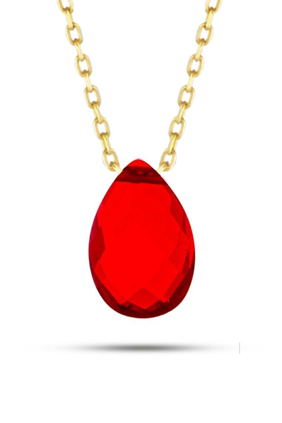 Prenses Pırlanta-Kırmızı Damla Doğal Taş Altın Kolye Modeli 14 Ayar Altın