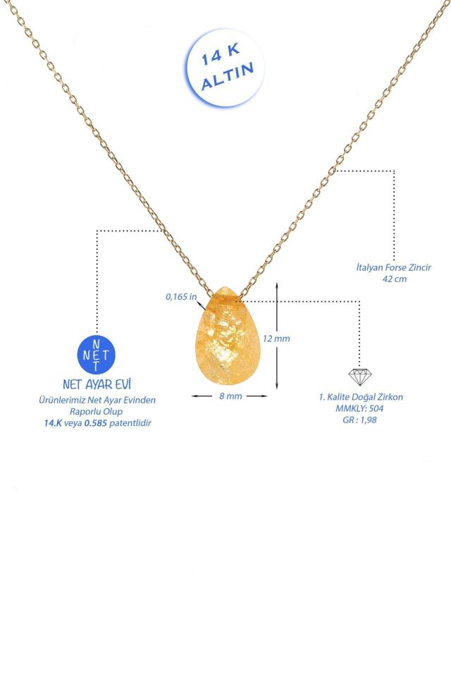 Prenses Pırlanta-Sarı Damla Taşlı Altın Kolye Modeli 14 Ayar Altın